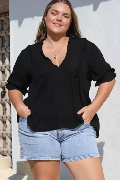 Catha Top - Frill Neckline Empire Bustline Top with Short Balloon Sleeves in Black><noscript><img width=