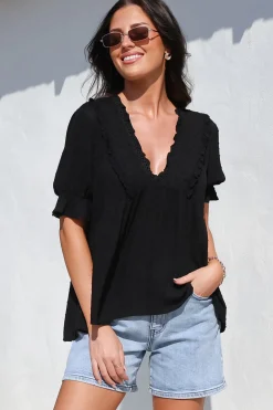 Catha Top - Frill Neckline Empire Bustline Top with Short Balloon Sleeves in Black><noscript><img width=