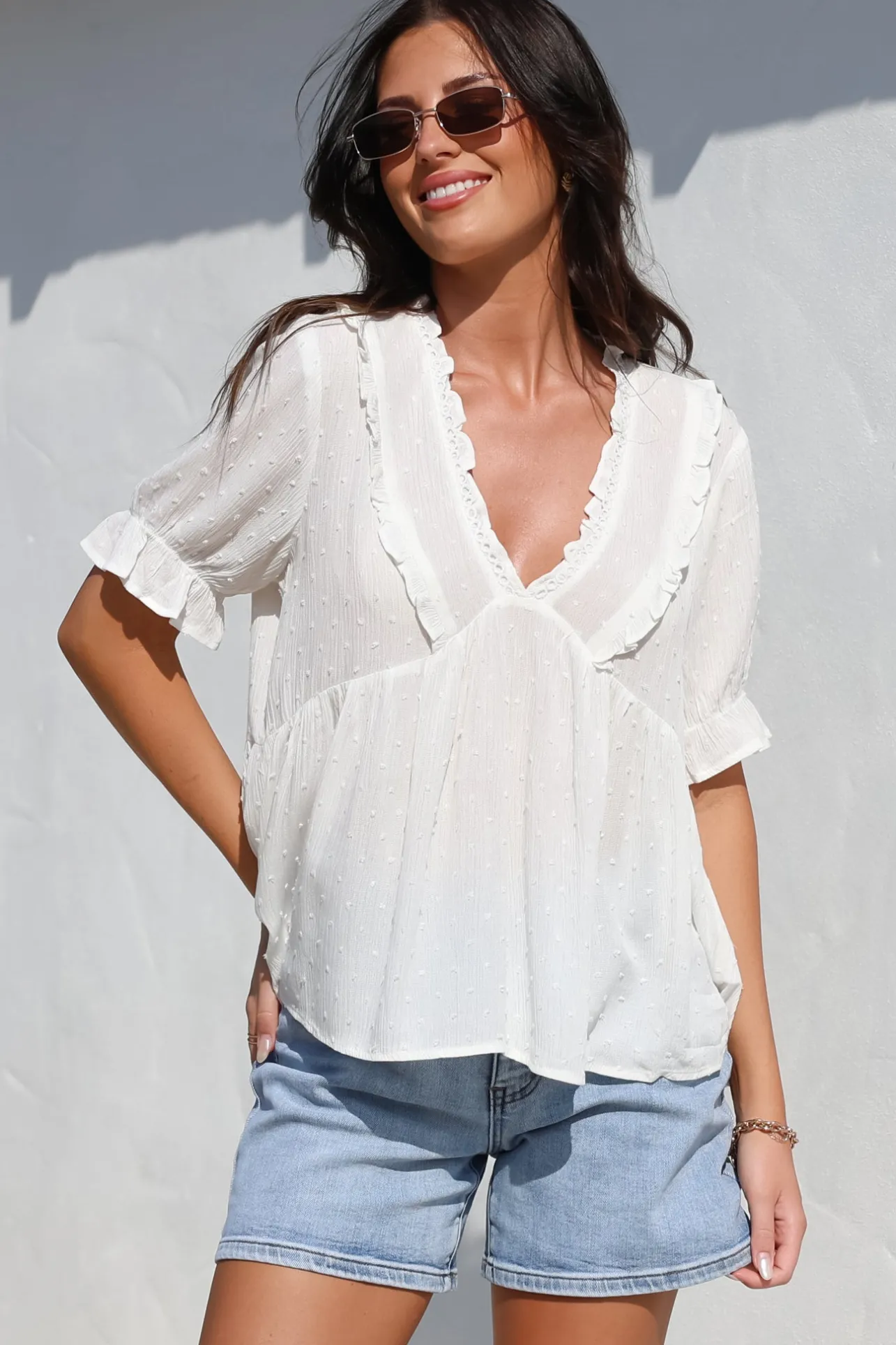 Catha Top - Frill Neckline Empire Bustline Top with Short Balloon Sleeves in White>Salty Crush Sale