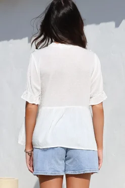 Catha Top - Frill Neckline Empire Bustline Top with Short Balloon Sleeves in White><noscript><img width=