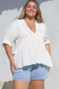 Catha Top - Frill Neckline Empire Bustline Top with Short Balloon Sleeves in White><noscript><img width=