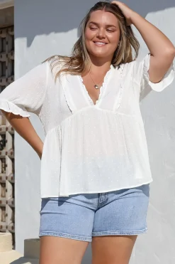 Catha Top - Frill Neckline Empire Bustline Top with Short Balloon Sleeves in White><noscript><img width=