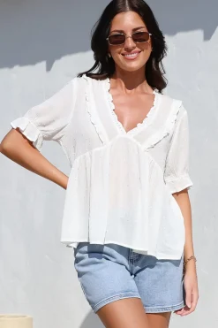 Catha Top - Frill Neckline Empire Bustline Top with Short Balloon Sleeves in White><noscript><img width=