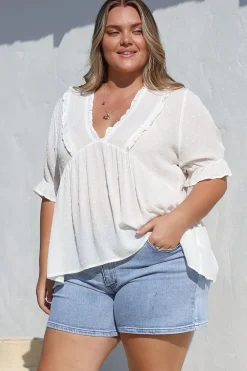 Catha Top - Frill Neckline Empire Bustline Top with Short Balloon Sleeves in White><noscript><img width=