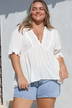 Catha Top - Frill Neckline Empire Bustline Top with Short Balloon Sleeves in White><noscript><img width=