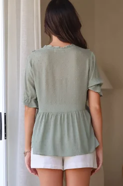 Catha Top - Frill Neckline Empire Bustline Top with Short Balloon Sleeves in Sage><noscript><img width=