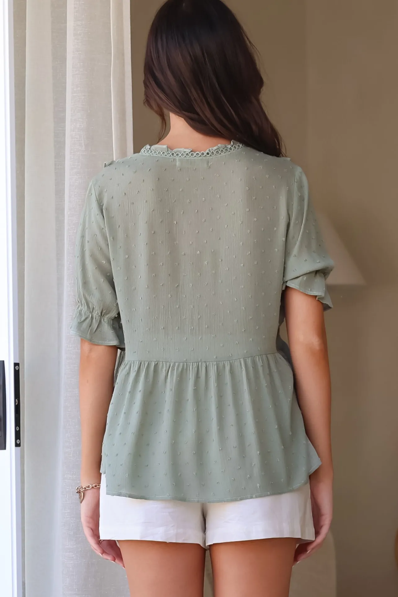 Catha Top - Frill Neckline Empire Bustline Top with Short Balloon Sleeves in Sage>Salty Crush Sale