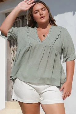 Catha Top - Frill Neckline Empire Bustline Top with Short Balloon Sleeves in Sage><noscript><img width=