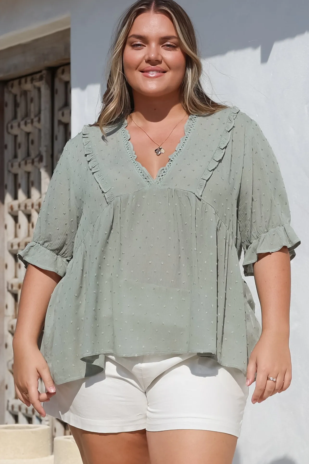 Catha Top - Frill Neckline Empire Bustline Top with Short Balloon Sleeves in Sage>Salty Crush Sale