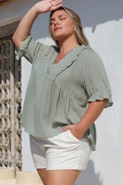Catha Top - Frill Neckline Empire Bustline Top with Short Balloon Sleeves in Sage><noscript><img width=