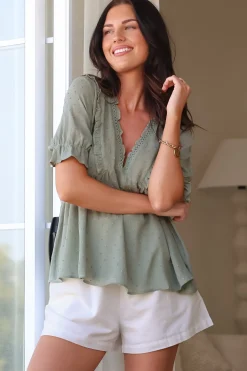 Catha Top - Frill Neckline Empire Bustline Top with Short Balloon Sleeves in Sage><noscript><img width=