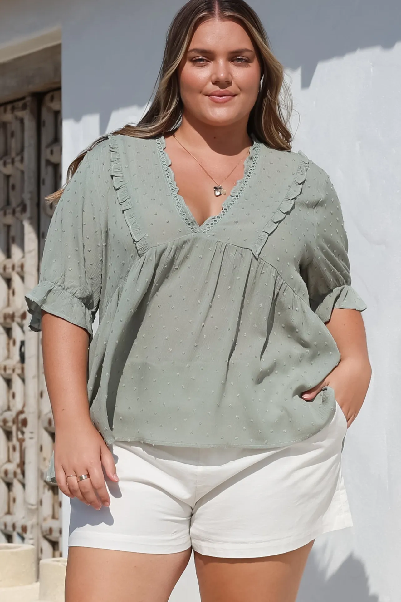 Catha Top - Frill Neckline Empire Bustline Top with Short Balloon Sleeves in Sage>Salty Crush Sale