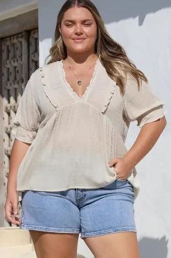 Catha Top - Frill Neckline Empire Bustline Top with Short Balloon Sleeves in Beige>Salty Crush