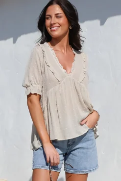 Catha Top - Frill Neckline Empire Bustline Top with Short Balloon Sleeves in Beige><noscript><img width=