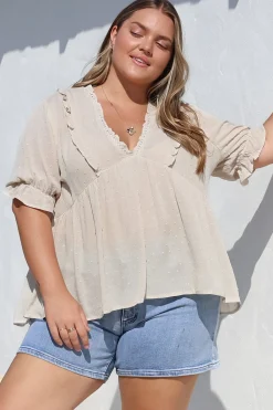 Catha Top - Frill Neckline Empire Bustline Top with Short Balloon Sleeves in Beige><noscript><img width=