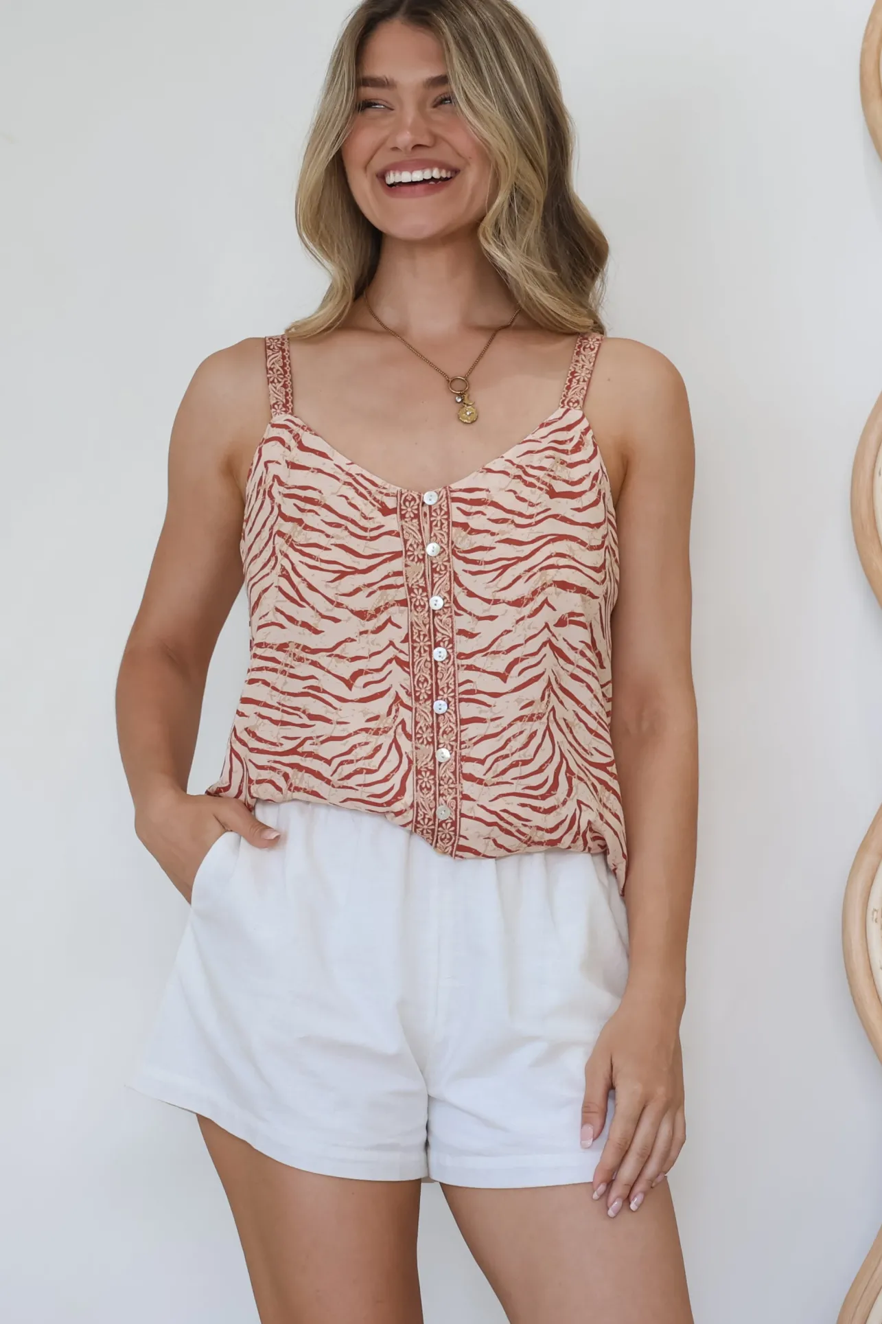 Caty Top - Adjustable Strap Buttoned Down Cami in Chiara Print>Salty Crush Best