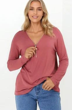 Cecile Top - Zipper Detail V Neck Top in Guava><noscript><img width=