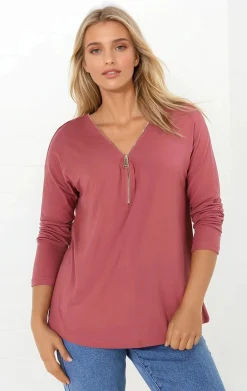 Cecile Top - Zipper Detail V Neck Top in Guava><noscript><img width=
