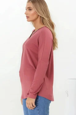 Cecile Top - Zipper Detail V Neck Top in Guava><noscript><img width=