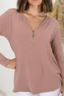 Cecile Top - Zipper Detail V Neck Top in Pink><noscript><img width=