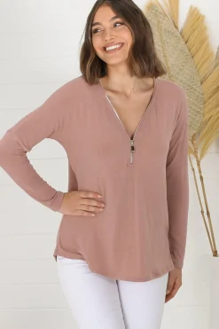 Cecile Top - Zipper Detail V Neck Top in Pink><noscript><img width=