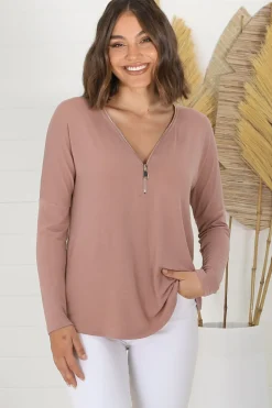 Cecile Top - Zipper Detail V Neck Top in Pink><noscript><img width=
