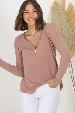 Cecile Top - Zipper Detail V Neck Top in Pink><noscript><img width=