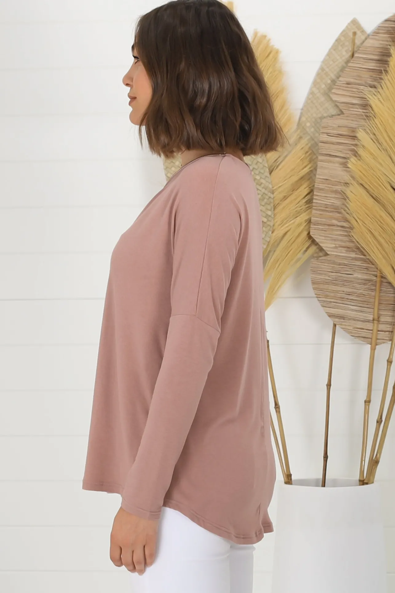 Cecile Top - Zipper Detail V Neck Top in Pink>Salty Crush Online