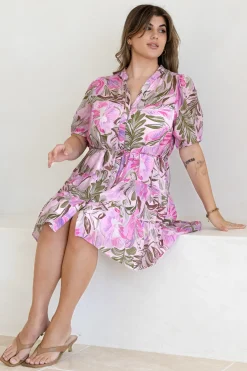 Cecilia Mini Dress - Mandarin Collar Shirt Dress with String Belt in Thalita Print Pink>Salty Crush Discount