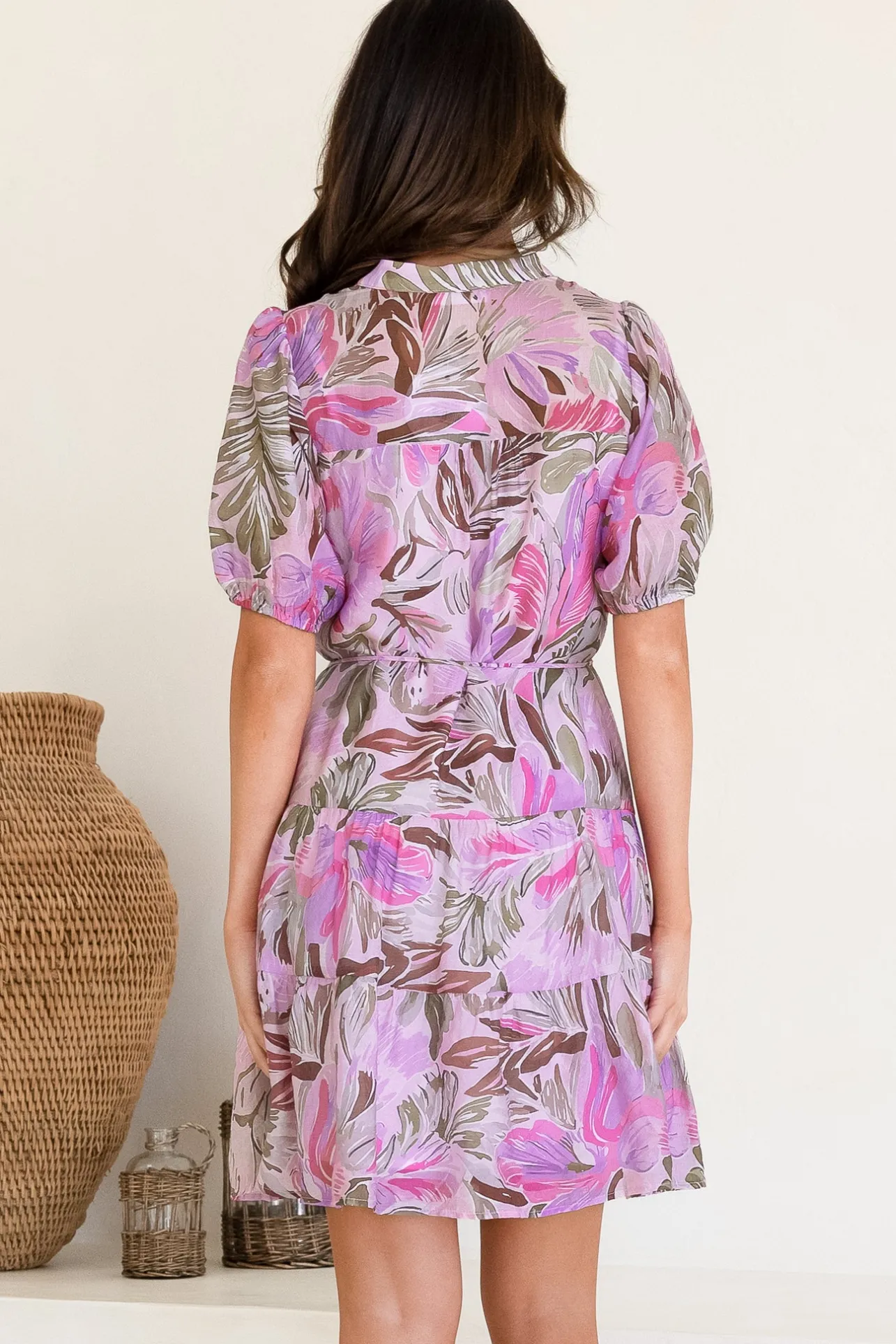 Cecilia Mini Dress - Mandarin Collar Shirt Dress with String Belt in Thalita Print Pink>Salty Crush Discount