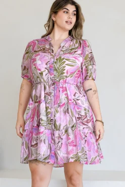 Cecilia Mini Dress - Mandarin Collar Shirt Dress with String Belt in Thalita Print Pink><noscript><img width=
