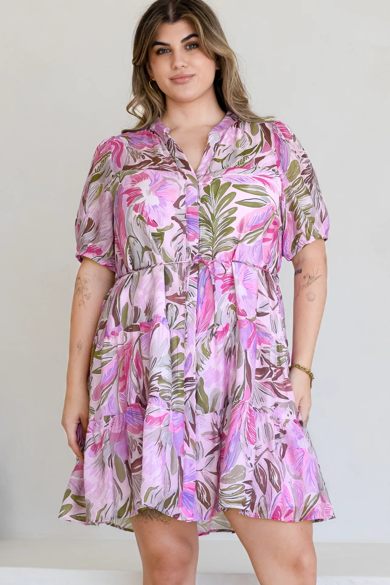 Cecilia Mini Dress - Mandarin Collar Shirt Dress with String Belt in Thalita Print Pink>Salty Crush Discount