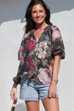 Cecilia Top - Mandarin Collar Button-Down with Half Balloon Sleeves in Annalisa Print><noscript><img width=