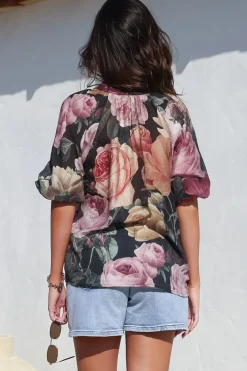 Cecilia Top - Mandarin Collar Button-Down with Half Balloon Sleeves in Annalisa Print><noscript><img width=
