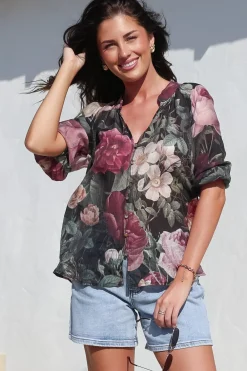 Cecilia Top - Mandarin Collar Button-Down with Half Balloon Sleeves in Annalisa Print><noscript><img width=
