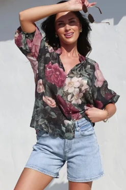 Cecilia Top - Mandarin Collar Button-Down with Half Balloon Sleeves in Annalisa Print><noscript><img width=