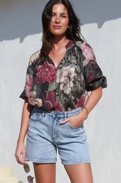 Cecilia Top - Mandarin Collar Button-Down with Half Balloon Sleeves in Annalisa Print><noscript><img width=