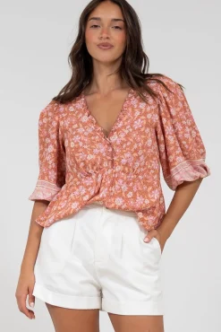 Celine Top - Ruffle Trim Pull Over with 3/4 Sleeves in Diantha Print>Salty Crush Hot