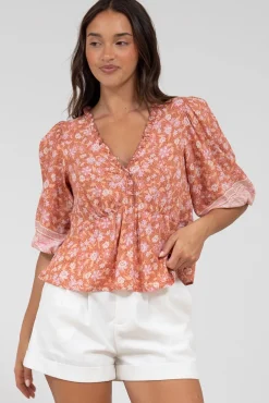 Celine Top - Ruffle Trim Pull Over with 3/4 Sleeves in Diantha Print>Salty Crush Hot