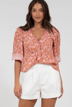 Celine Top - Ruffle Trim Pull Over with 3/4 Sleeves in Diantha Print><noscript><img width=