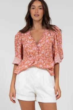 Celine Top - Ruffle Trim Pull Over with 3/4 Sleeves in Diantha Print><noscript><img width=