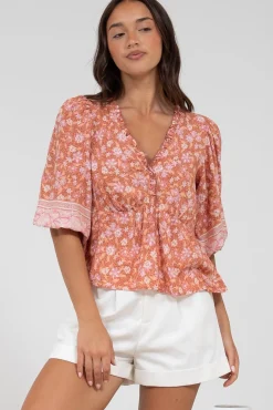 Celine Top - Ruffle Trim Pull Over with 3/4 Sleeves in Diantha Print><noscript><img width=