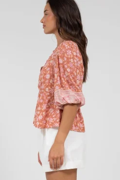 Celine Top - Ruffle Trim Pull Over with 3/4 Sleeves in Diantha Print><noscript><img width=