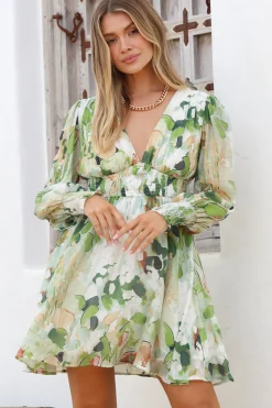 Celita Mini Dress - Deep V-Neck Dress with Flowing Skirt in Kamara Print Green>Salty Crush