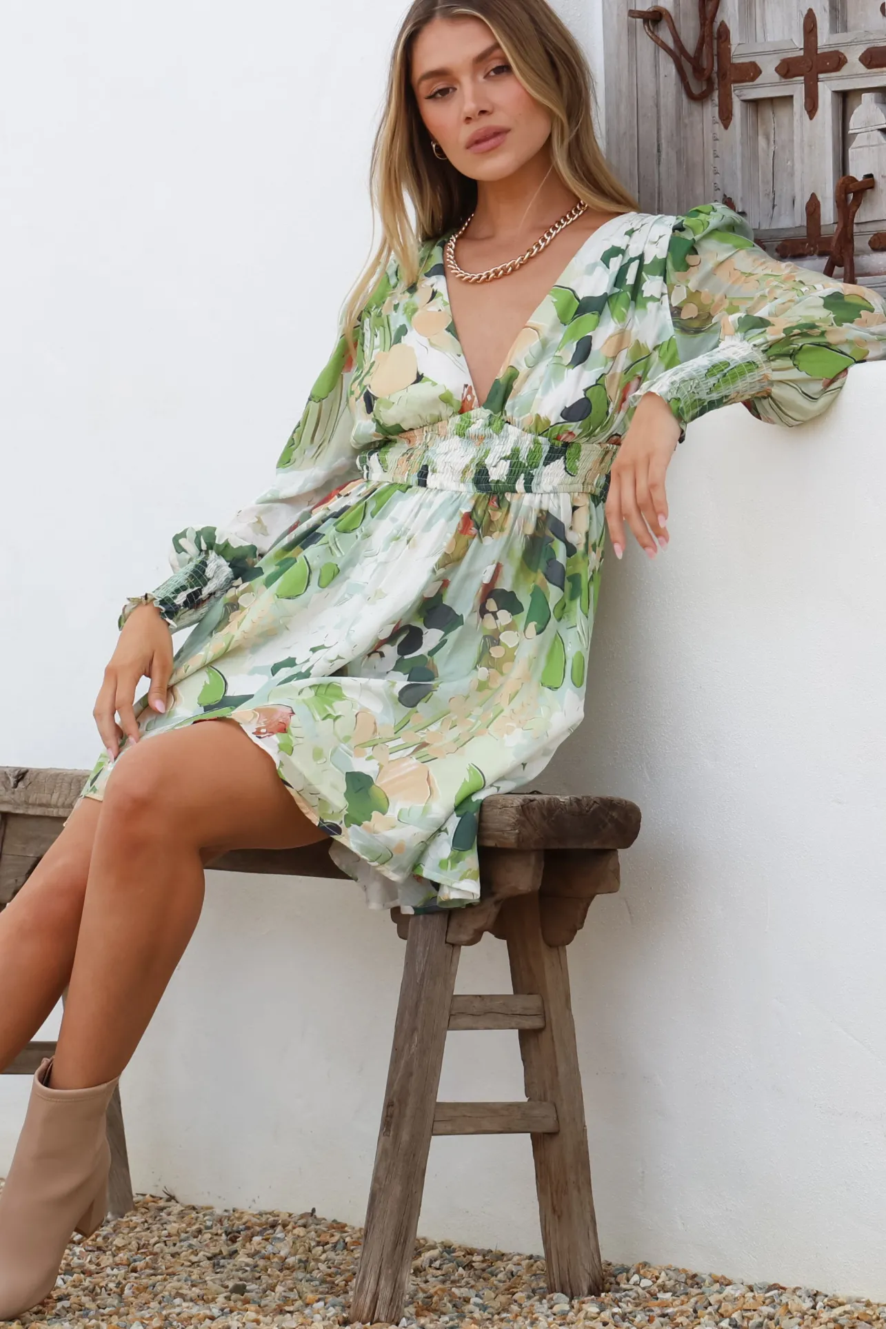 Celita Mini Dress - Deep V-Neck Dress with Flowing Skirt in Kamara Print Green>Salty Crush