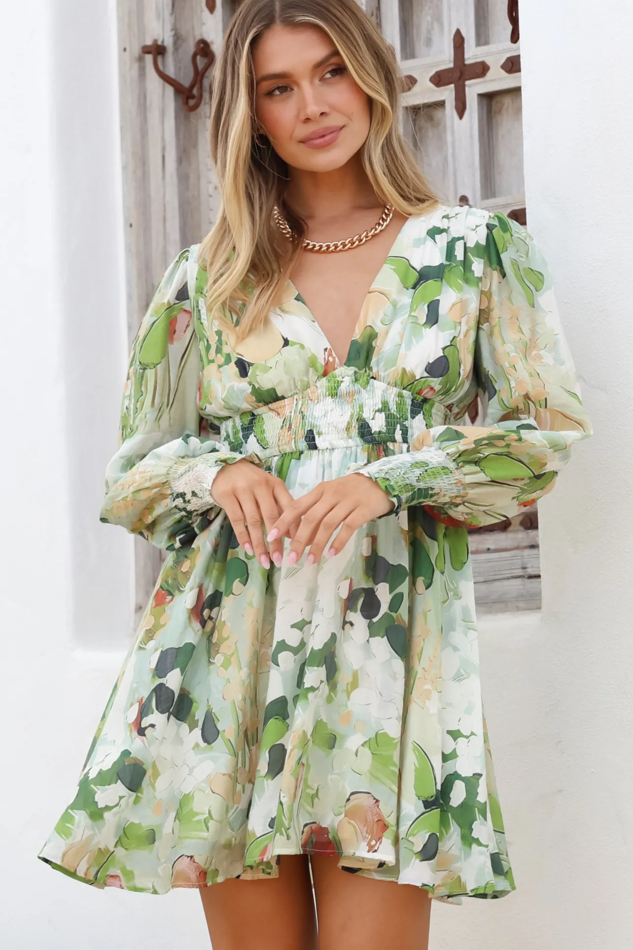 Celita Mini Dress - Deep V-Neck Dress with Flowing Skirt in Kamara Print Green>Salty Crush