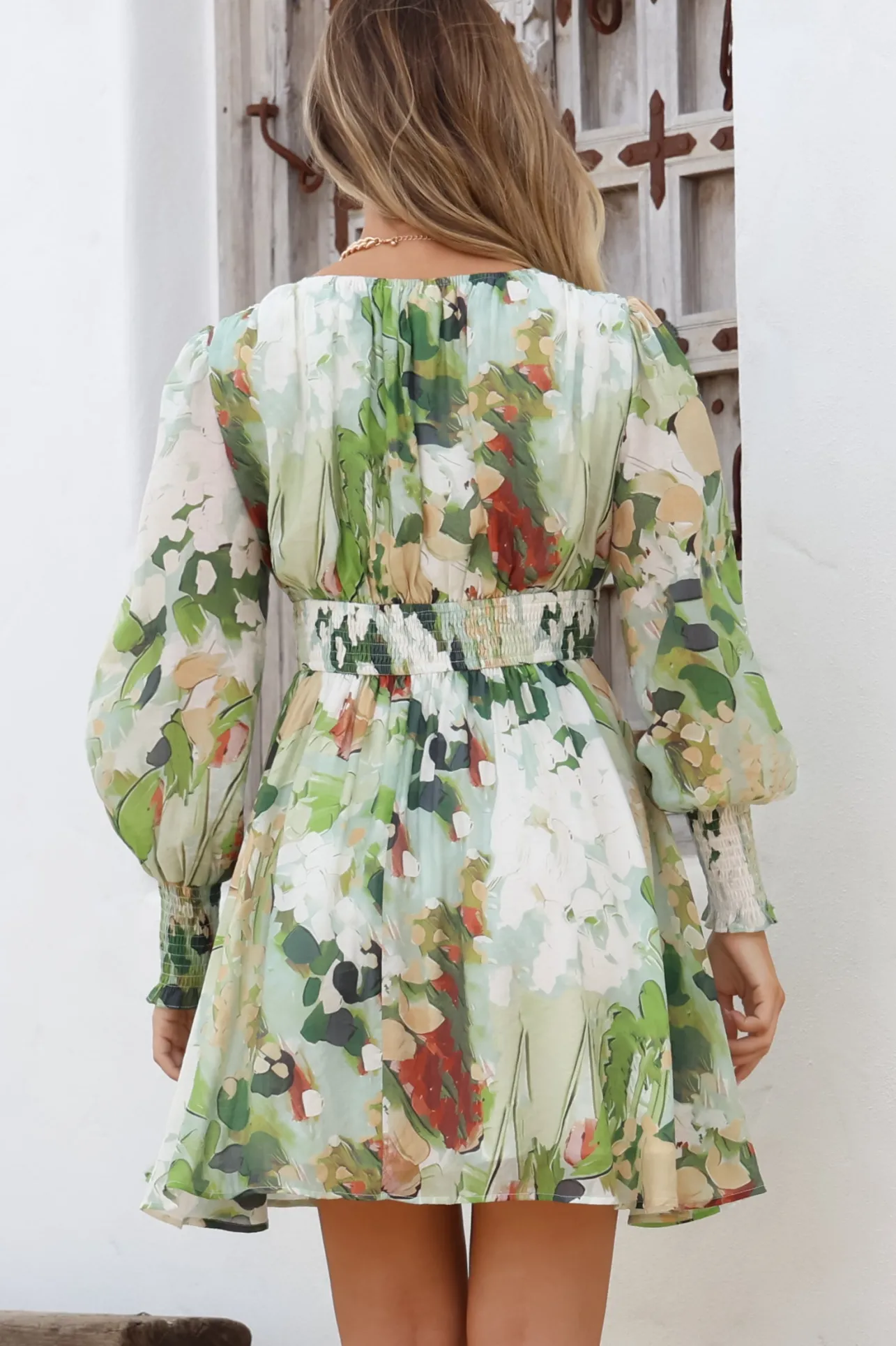 Celita Mini Dress - Deep V-Neck Dress with Flowing Skirt in Kamara Print Green>Salty Crush