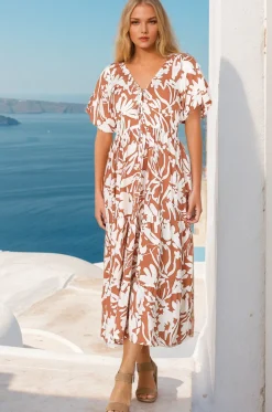 Charis Midi Dress - Pull In V Neckline Dress With Cap Balloon Sleeves In Rust><noscript><img width=