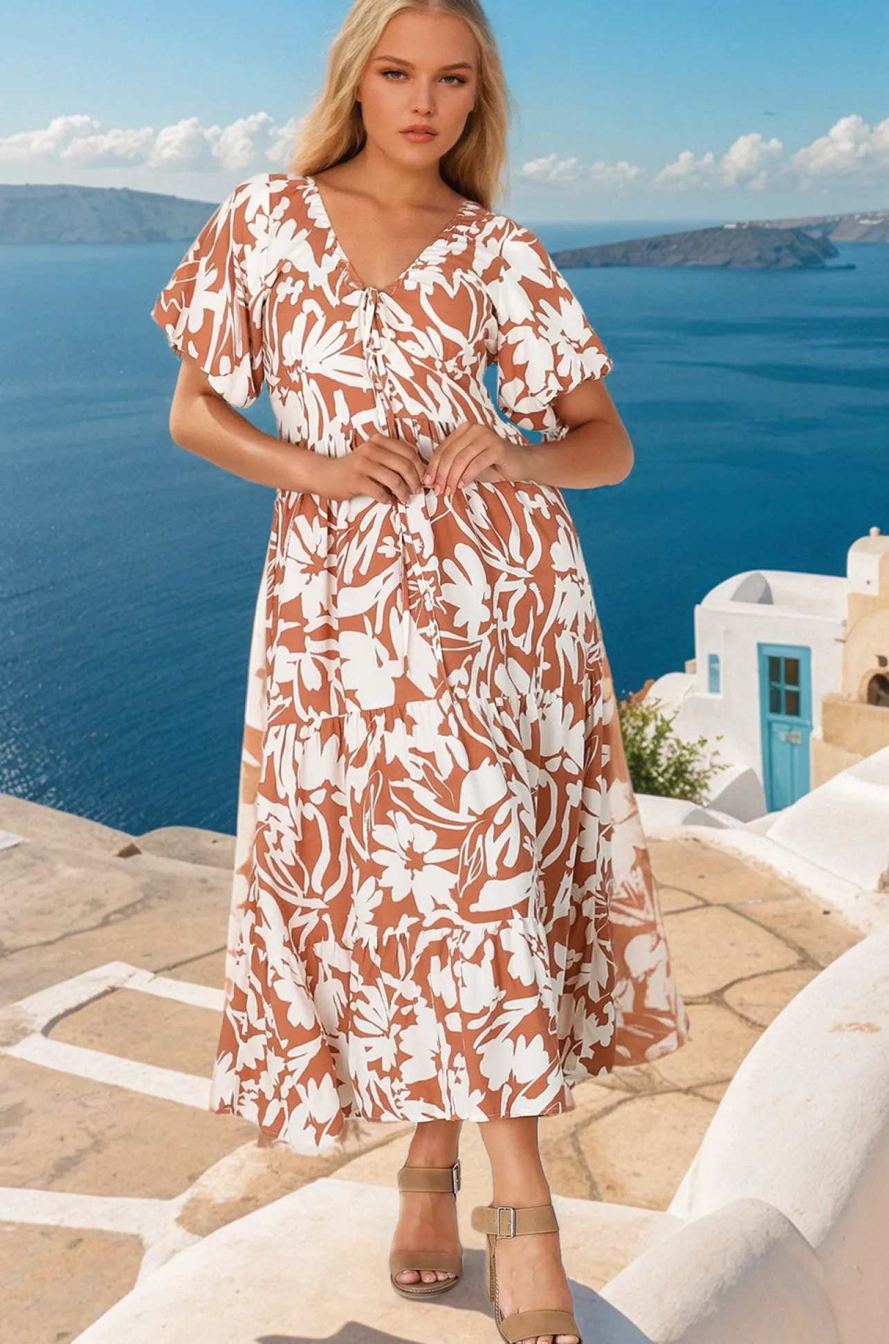 Charis Midi Dress - Pull In V Neckline Dress With Cap Balloon Sleeves In Rust>Salty Crush Sale