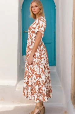 Charis Midi Dress - Pull In V Neckline Dress With Cap Balloon Sleeves In Rust><noscript><img width=